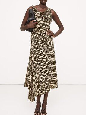 NWT Banana Republic Black & Tan Polka Dot Chiffon Twisted-Back Midi Dress 2R